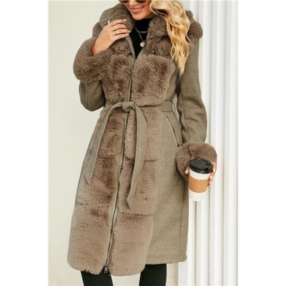 Women's Wool Pea Coat Faux Fur Jacket Winter Warm Parka Overcoat with Belt - Picture 3 of 8